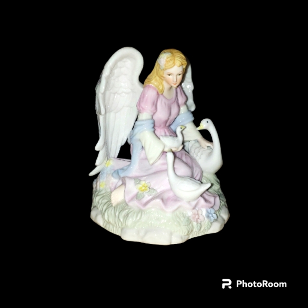 Antique Sankyo Porcelain Angel and Birds Music Box Figurine